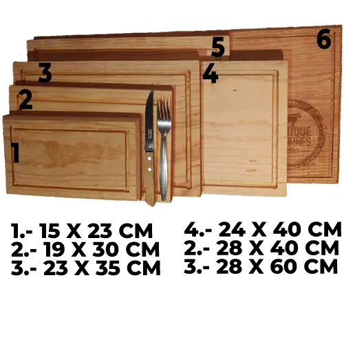 Gráfico comparativo mostrando seis tamaños de tablas rectangulares de pino, numeradas del 1 al 6, desde 15x23 cm hasta 28x60 cm, con cubiertos como referencia de escala.