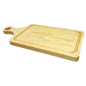 tabla-madera-pino-rectangular-con-mango.webp Tabla rectangular de madera de pino claro con mango ergonómico, orificio para colgar y canal para jugos perimetral.