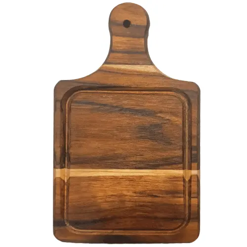 Mini tabla de madera cuadrada natural sin grabar, mostrando el diseño del canal de jugos y las vetas de la madera.